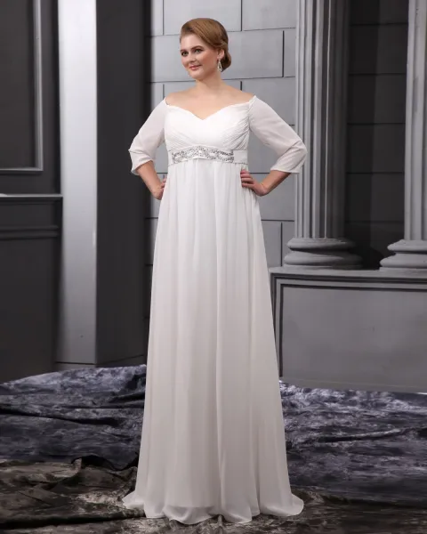 Chiffon Perlen Mit V-ausschnitt Bodenlange Große Größen Brautkleider Hochzeitskleid