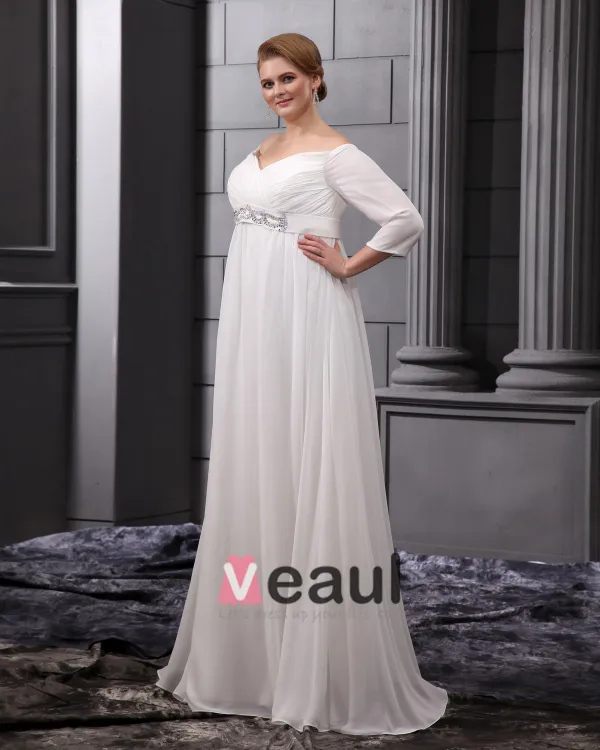 Chiffon Beads V Neck Floor Length Plus Size Bridal Gown Wedding Dress
