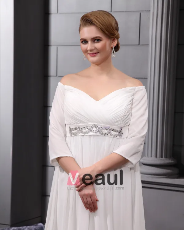 Chiffon Beads V Neck Floor Length Plus Size Bridal Gown Wedding Dress