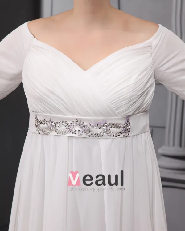Chiffon Beads V Neck Floor Length Plus Size Bridal Gown Wedding Dress