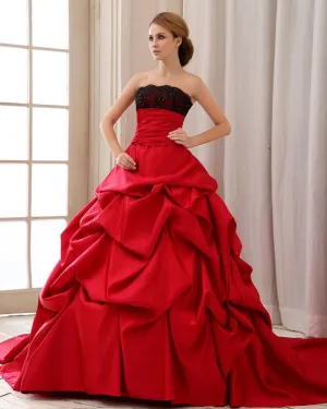 Elegante Ruches Strapless Back Lace Up Rechter Trein Satijnen Kant Baljurk Rode Bruidsjurken Trouwjurken