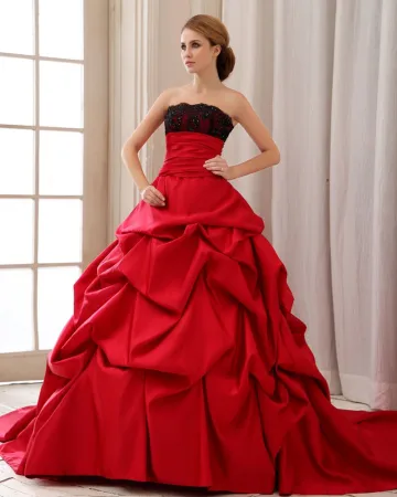 Elegant Ruffle Strapless Back Lace Up Court Train Satin Lace Ball Gown Wedding Dress