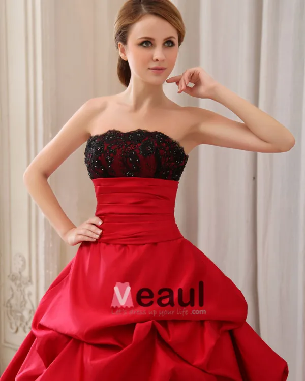 Elegant Ruffle Strapless Back Lace Up Court Train Satin Lace Ball Gown Wedding Dress