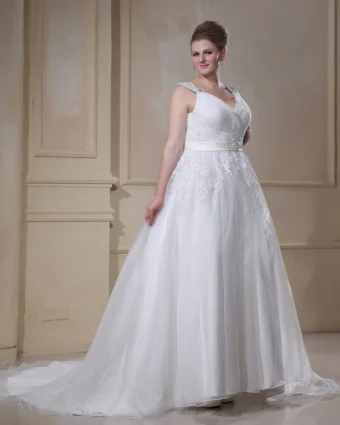 Applique Beading Yarn V Neck Court Plus Size Bridal Gown Wedding Dresses