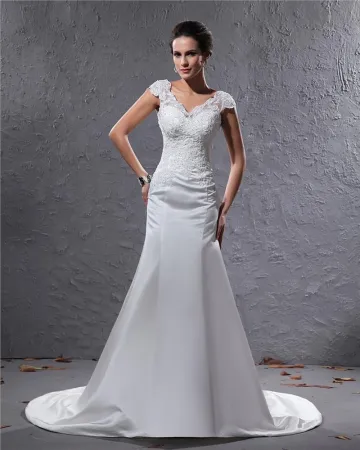 Elegant Satin Applikationer Parlstav V Hals Golv Langd Domstol Tag Slida Brudklänningar Bröllopsklänningar