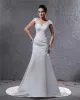 Elegant Satin Applique Beaded V Neck Floor Length Court Train Sheath Wedding Dress