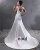 Elegant Satin Applique Beaded V Neck Floor Length Court Train Sheath Wedding Dress