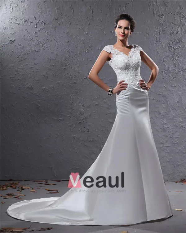 Elegant Satin Applique Beaded V Neck Floor Length Court Train Sheath Wedding Dress