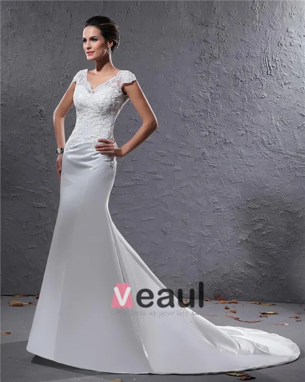 Elegant Satin Applique Beaded V Neck Floor Length Court Train Sheath Wedding Dress