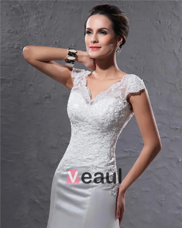 Elegant Satin Applique Beaded V Neck Floor Length Court Train Sheath Wedding Dress