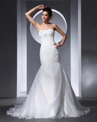 Stroppelos Gulv Lengde Beading Plissert Organza Satin Kvinne Havfrue Brudekjoler Bryllupskjoler