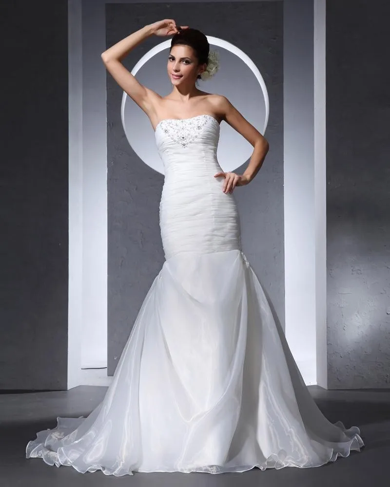 Stroppelos Gulv Lengde Beading Plissert Organza Satin Kvinne Havfrue Brudekjoler Bryllupskjoler