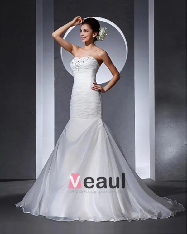 Longueur De Plancher Bretelles Perles Satin Plisse D'organza Femme Robe De Mariée Sirène