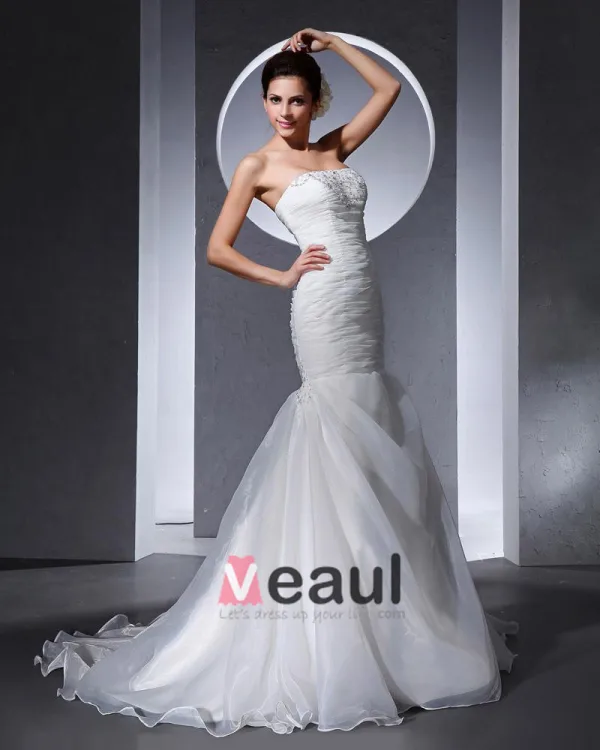 Longueur De Plancher Bretelles Perles Satin Plisse D'organza Femme Robe De Mariée Sirène