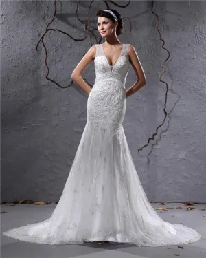 Beau V Cou Cathedrale Train Organza Perlant La Robe De Mariée Fourreau