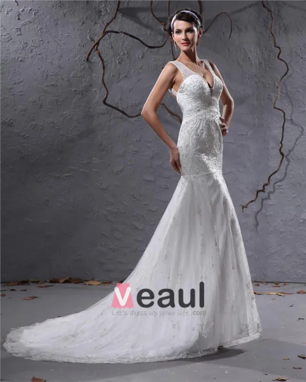 Beautiful V-Neck Cathedral Train Organza Beading Sheath Wedding Dress