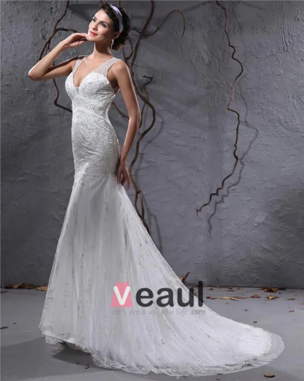 Beautiful V-Neck Cathedral Train Organza Beading Sheath Wedding Dress