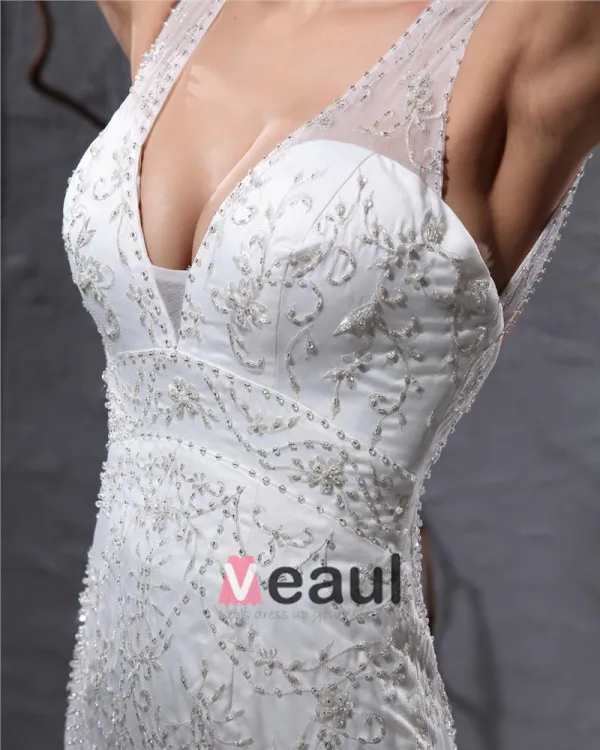 Beautiful V-Neck Cathedral Train Organza Beading Sheath Wedding Dress