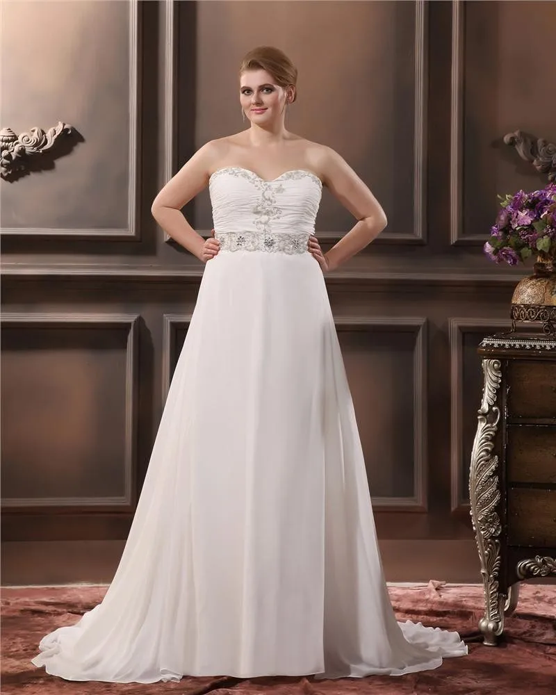 Elegant A Linje Kjaereste Ermelos Fotsid Chiffon Plus Size Brudekjoler Bryllupskjoler