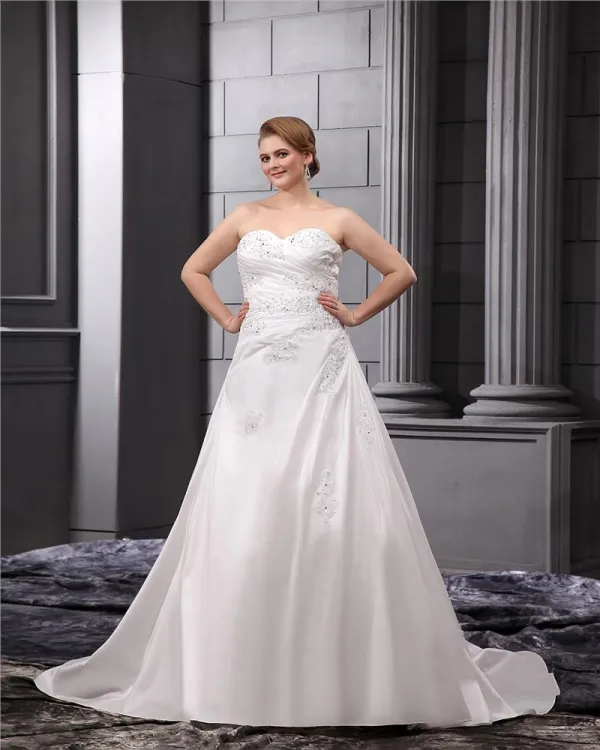 Taffeta Lace Flower Bead Sweetheart Applique Beading Princess Floor Length Wedding Dresses