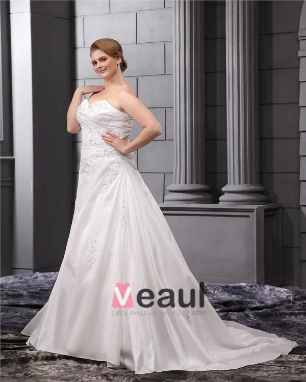Taffeta Lace Flower Bead Sweetheart Applique Beading Princess Floor Length Wedding Dresses