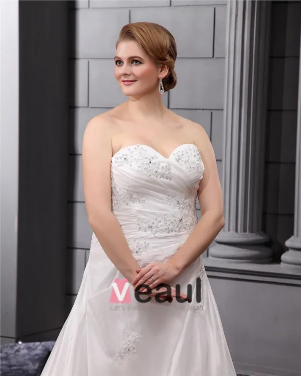 Taffeta Lace Flower Bead Sweetheart Applique Beading Princess Floor Length Wedding Dresses