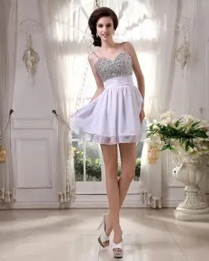 Ermelos Chiffon Beading Spaghettistropper Kort Cocktail Kjoler Festkjoler