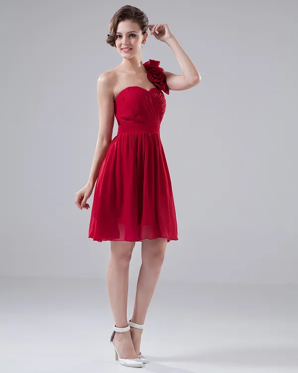 short red chiffon one shoulder dress