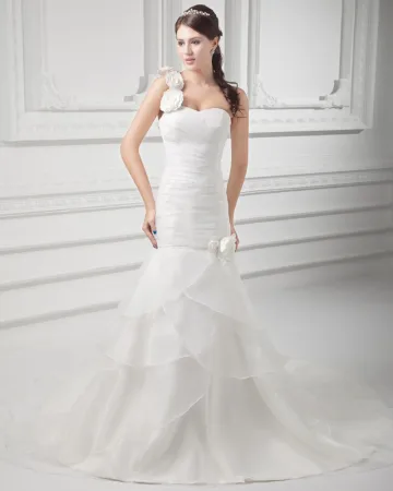 Organza De Fleur De Ruche Un Train De Cour A Plusieurs Niveaux Robe De Mariée Sirène D Epaule