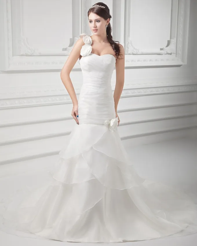 Organza Krusning Blomst En Skulder Domstol Tog Lagdelt Havfrue Brudekjoler Bryllupskjoler