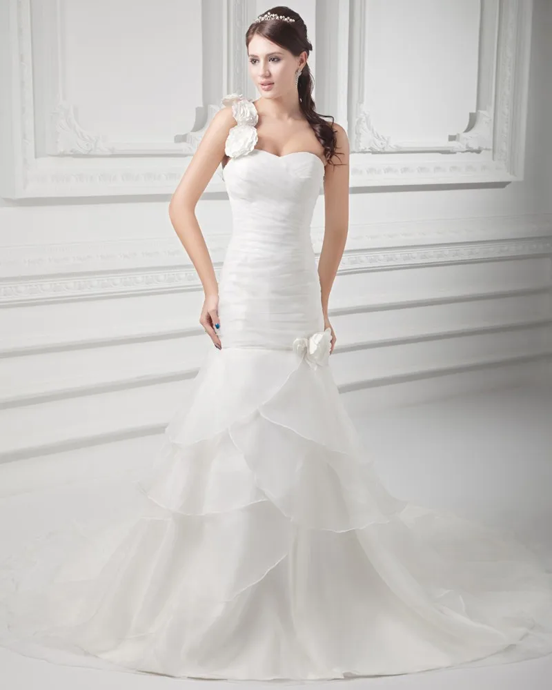 Organza Krusning Blomst En Skulder Domstol Tog Lagdelt Havfrue Brudekjoler Bryllupskjoler