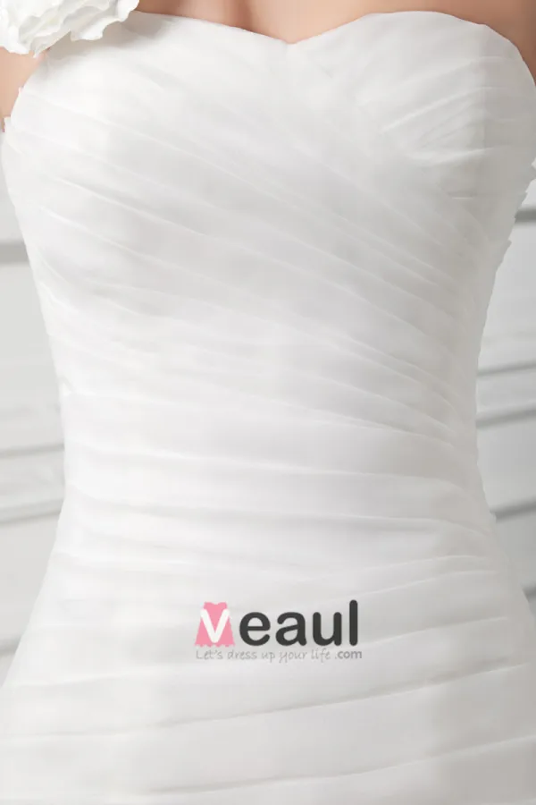 Organza Ruffle Flower One Shoulder Court Train Tiered Mermaid Wedding Dress