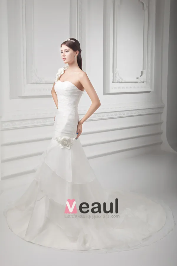 Organza Ruffle Flower One Shoulder Court Train Tiered Mermaid Wedding Dress