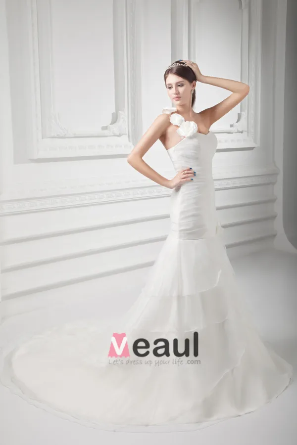 Organza Ruffle Flower One Shoulder Court Train Tiered Mermaid Wedding Dress