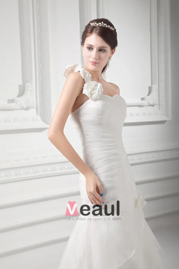 Organza Ruffle Flower One Shoulder Court Train Tiered Mermaid Wedding Dress