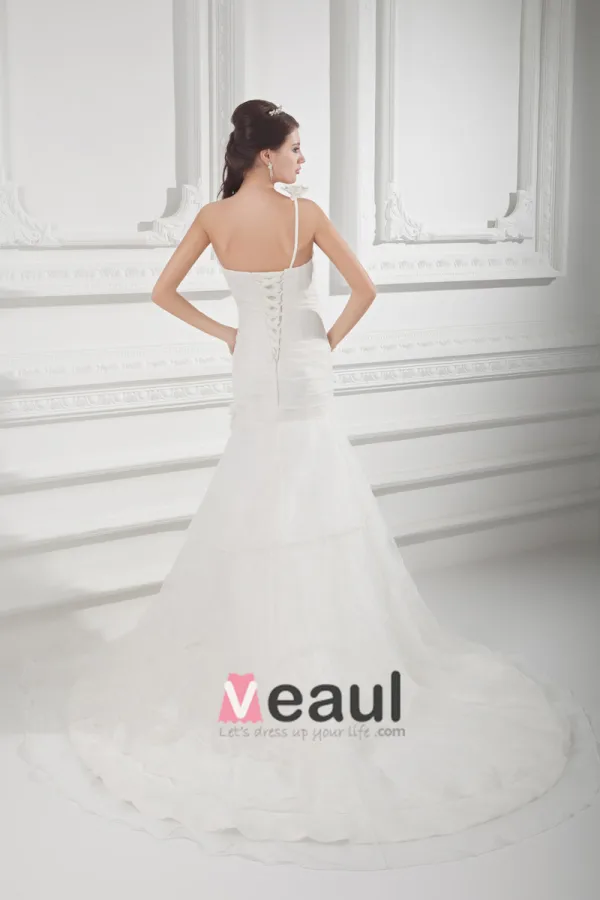 Organza Ruffle Flower One Shoulder Court Train Tiered Mermaid Wedding Dress