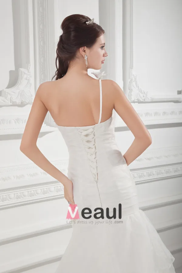 Organza Ruffle Flower One Shoulder Court Train Tiered Mermaid Wedding Dress