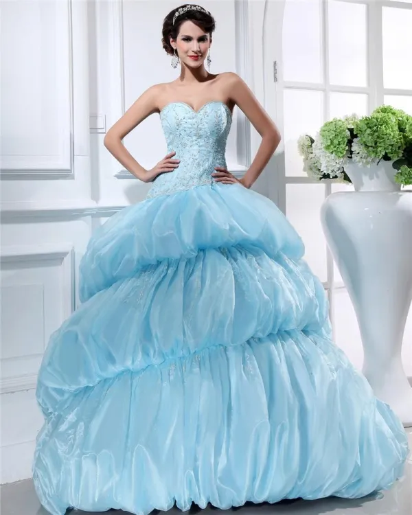 Ball Gown Sweetheart Sleeveless Chapel Train Organza Beading Womens Quinceanera Prom Dresses
