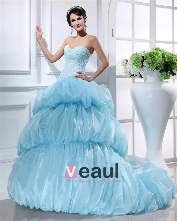 Ball Gown Sweetheart Sleeveless Chapel Train Organza Beading Womens Quinceanera Prom Dresses