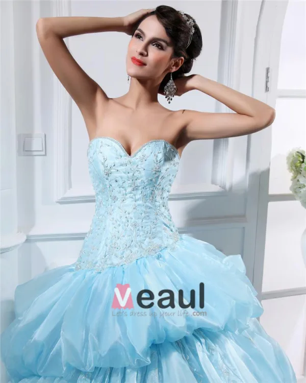 Ball Gown Sweetheart Sleeveless Chapel Train Organza Beading Womens Quinceanera Prom Dresses