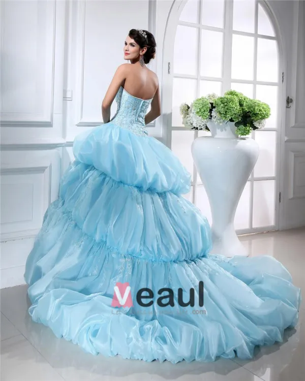 Ball Gown Sweetheart Sleeveless Chapel Train Organza Beading Womens Quinceanera Prom Dresses