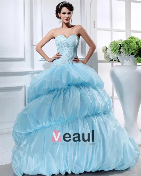 Ball Gown Sweetheart Sleeveless Chapel Train Organza Beading Womens Quinceanera Prom Dresses