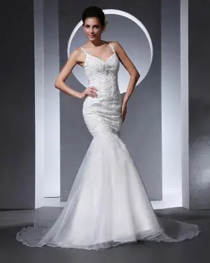 Fines Bretelles Perles Etage Longueur Organza Femme Robe De Mariée Sirène Applique