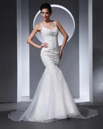 Spaghetti Straps Beading Applique Floor Length Organza Woman Mermaid Wedding Dress