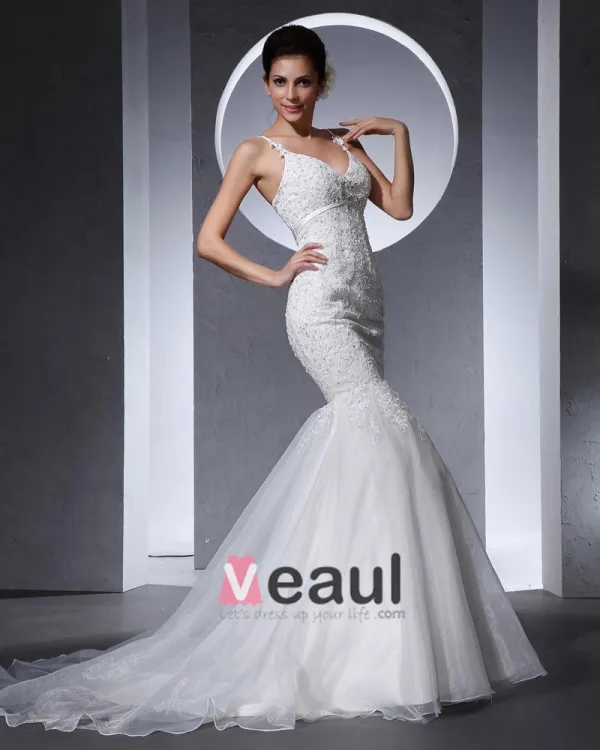 Fines Bretelles Perles Etage Longueur Organza Femme Robe De Mariée Sirène Applique