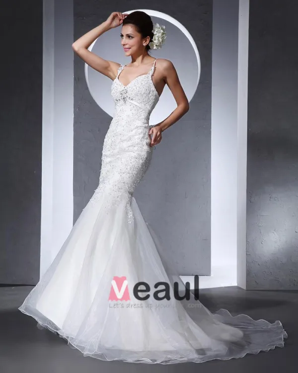 Fines Bretelles Perles Etage Longueur Organza Femme Robe De Mariée Sirène Applique