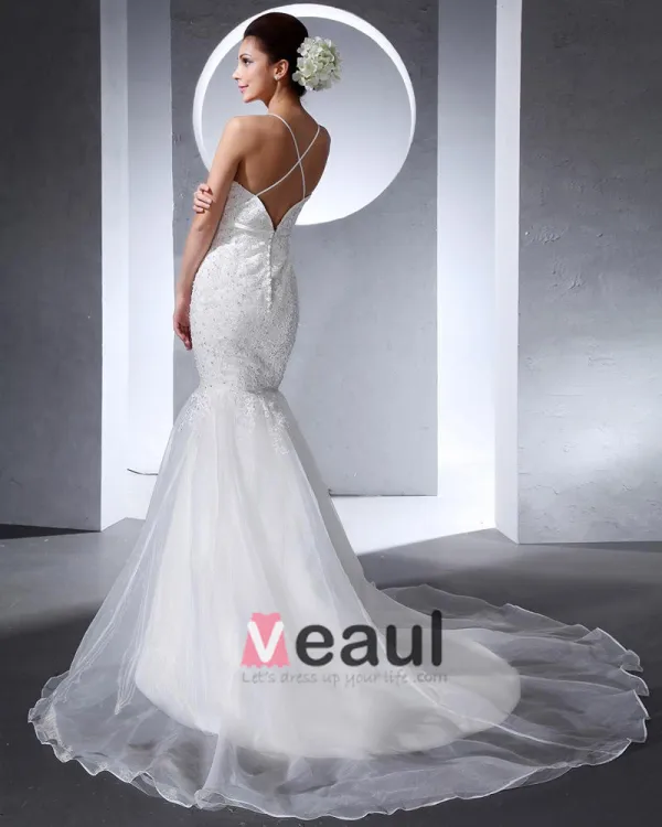 Fines Bretelles Perles Etage Longueur Organza Femme Robe De Mariée Sirène Applique