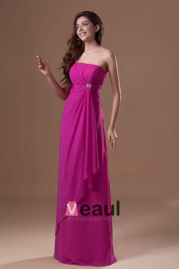 Mousseline De Soie Perles Ruffle Etage Robe De Demoiselle D'honneur De Longueur Sans Bretelles
