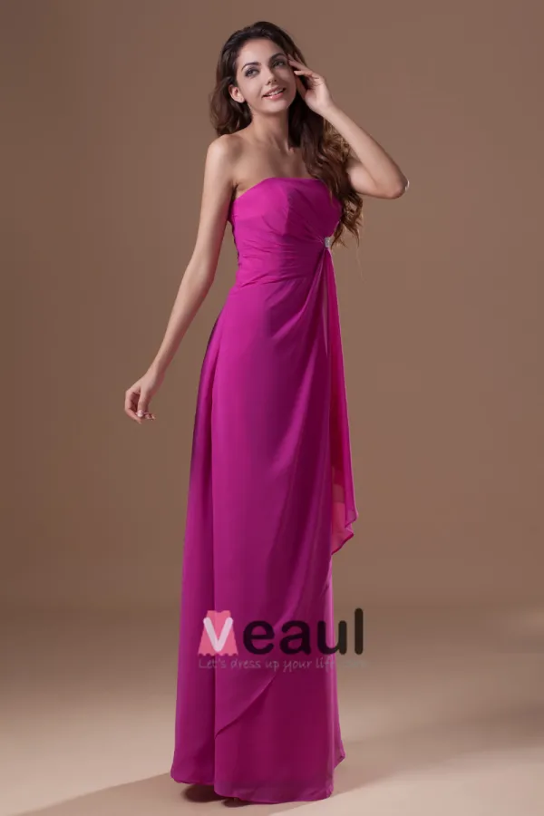 Mousseline De Soie Perles Ruffle Etage Robe De Demoiselle D'honneur De Longueur Sans Bretelles