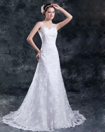 Perlant V Cou Etage Longueur Balayage Train Robe De Mariée Fourreau